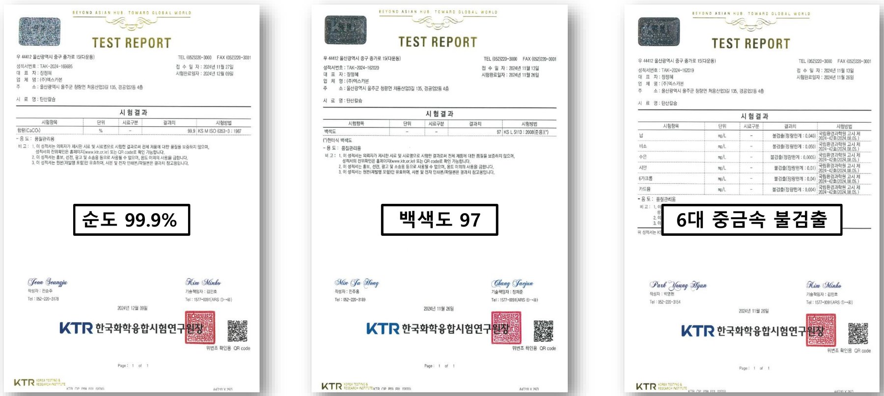 KTR 시험성적서 3건 — 순도 99.9%, 백색도 97, 6대 중금속 불검출